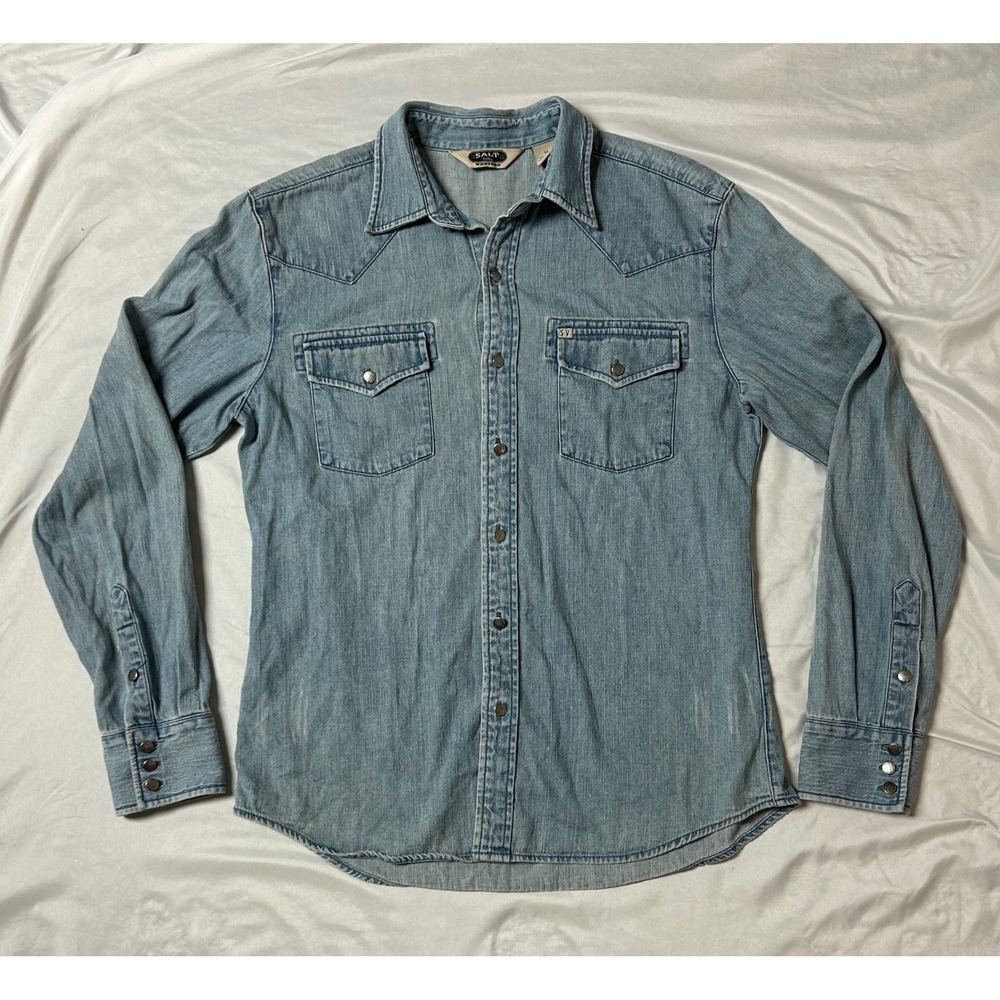 Salt Valley Western Mens Denim Shirt Light Wash Blue Metal Shank Button Front M
